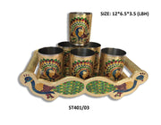 2125 Peacock Design Glass with Handle and Handicraft Serving Tray Set - Your Brand